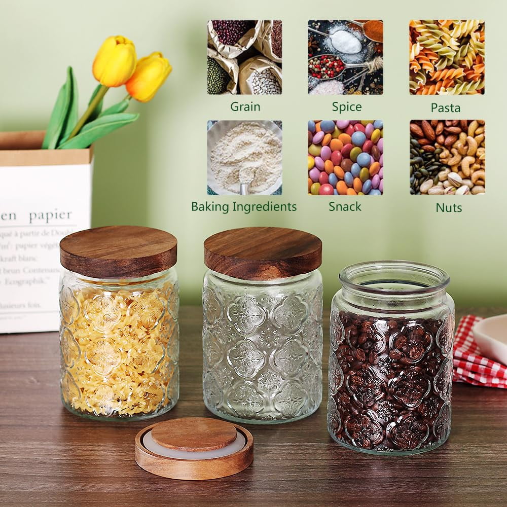 FORHVIPS 24 OZ/2 PCS Glass Food Storage Containers with Airtight Bamboo Wooden Lids,Canning Jars Wide Mouth Mason Jars Canisters Sets for Kitchen Counter,Sugar,Flour,Candy,Tea,Coffee,Oats