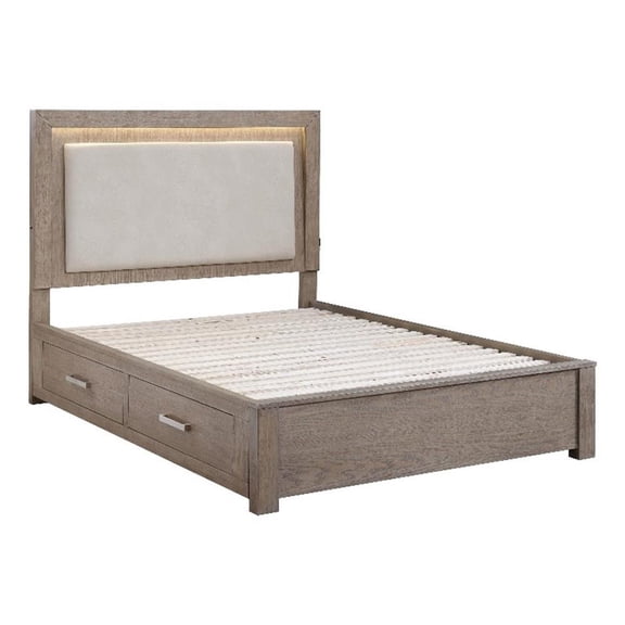 Keno Queen Bed- Upholstered LED Headboard- 4 Storage Drawers- Brown