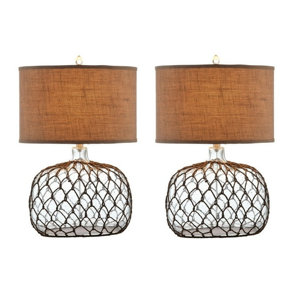 24 Inch Table Lamp with Netted Twine Base - Set of 2 - Glass - Brown and Clear