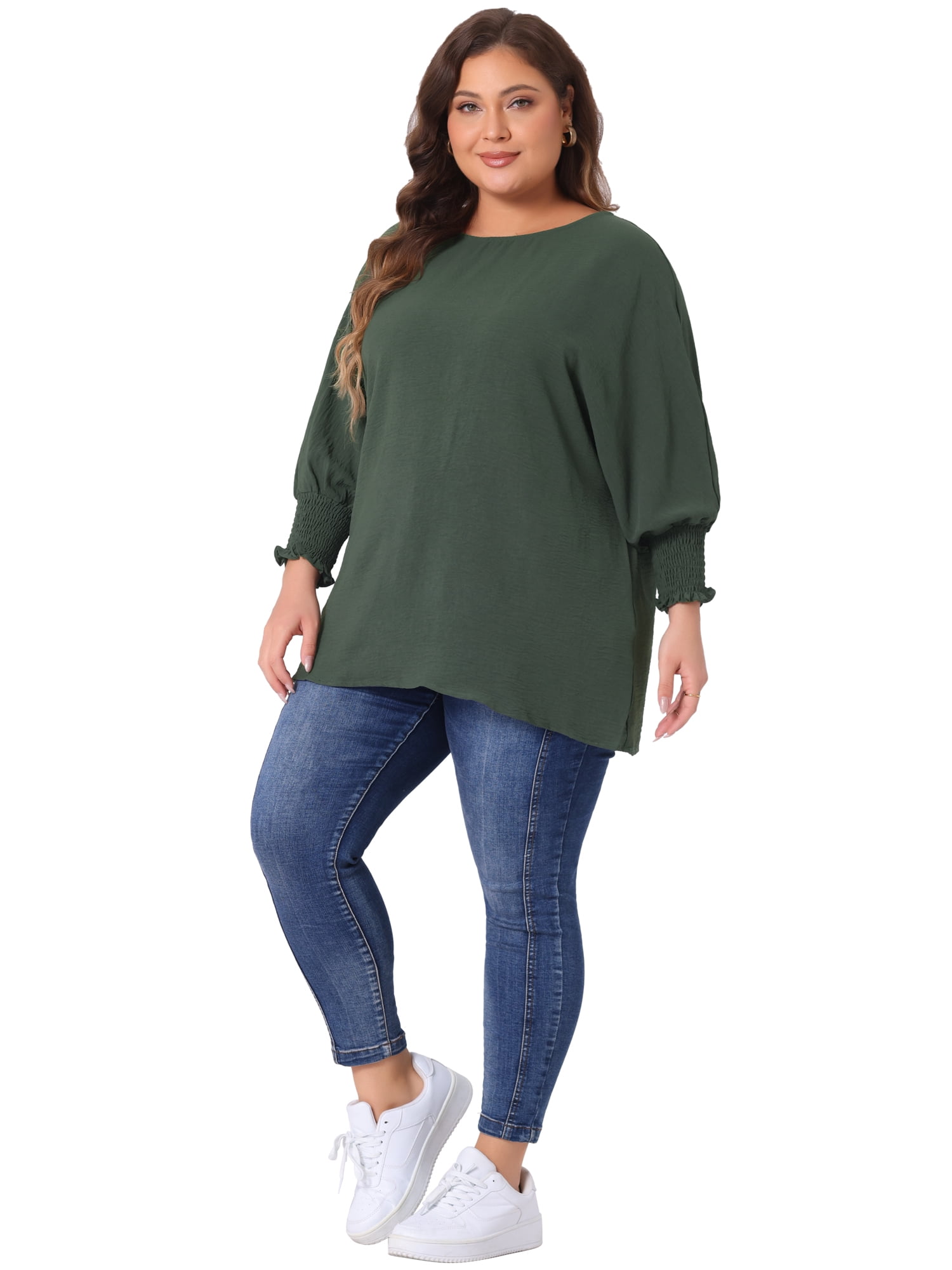 DARING DIVA Women's Plus Chiffon Batwing Ruffle Long Sleeve Casual Blouse 1X Army Green