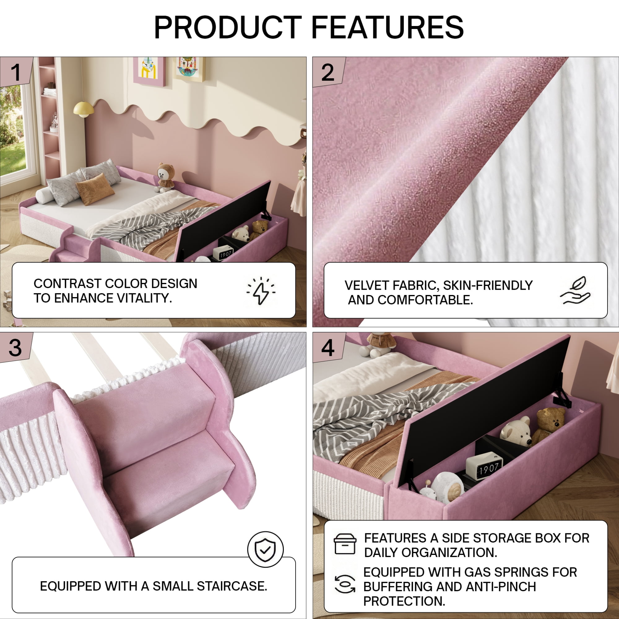 Leumius King Size Floor Bed Frame with Stairs & Gas Lift Storage Ottoman, Velvet Upholstered Daybed with Padded Guardrails, Pink+White