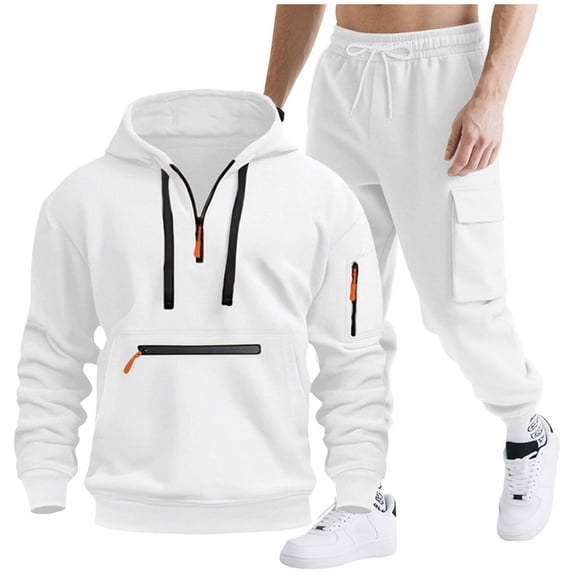 Turilly Mens Outfits 2 Piece Half Zip Pullover Hoodie And Cargo Pants Set White Fleece Tracksuit With Utility Pockets