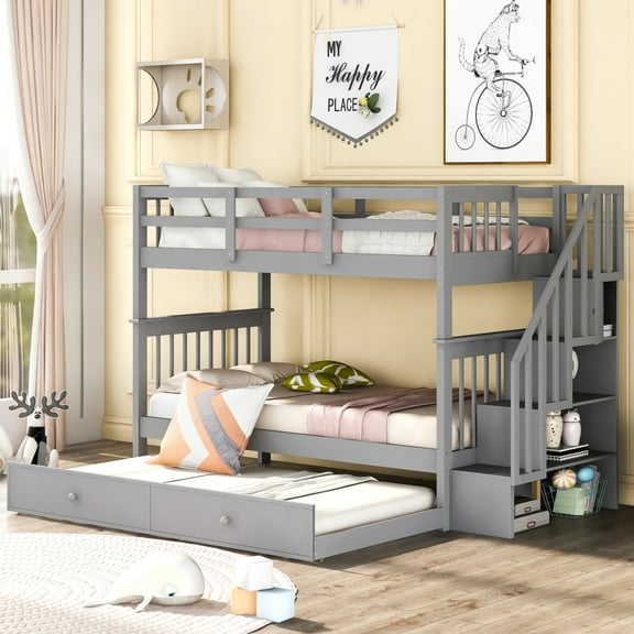 imerelez Gray Stairway Twin-Over-Twin Bunk Bed with Twin Size Trundle for Bedroom or Dorm