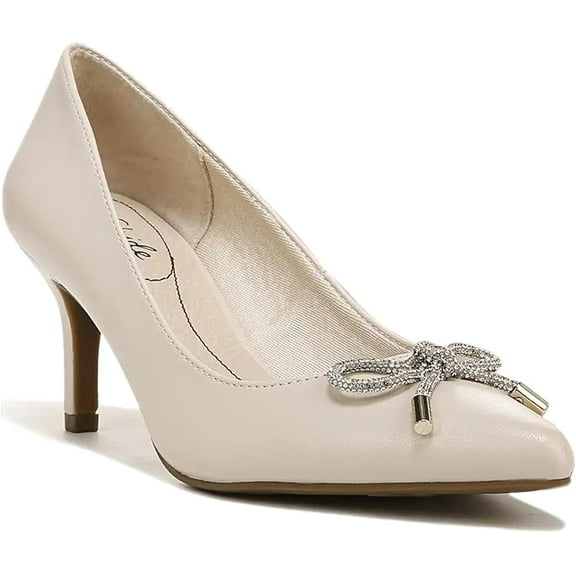 LifeStride Pumps Rhinestone Bow Dress Pumps, Stiletto Heel, Pointed Toe Beige