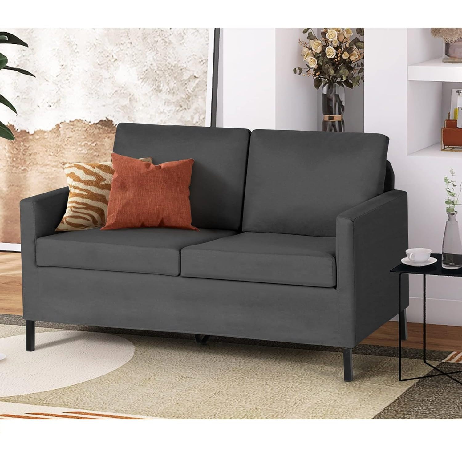 TYBOATLE Linen Fabric Modern Small Loveseat Sofa Couch for Living Room, 51" W Little Upholstered 2-Seater Mini Love Seats w/Iron Legs for Small Space, Apartment, Bedroom, Dorm, Office (Dark Grey)