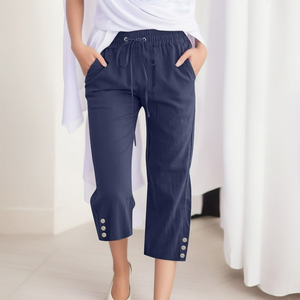 WILLBEST Pantalones Casuales para Mujer, con Botones, Pierna Ancha, Bolsillos, Ligeros, Cintura Alta, Ajustables, con Nudo, Corte Holgado. Chica