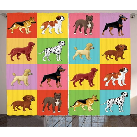 Dog Themed Bedrooms Dogs Curtains 2 Panels Set, Colorful Checkered Pattern with Different Breeds of Dogs Animal Pet Lover Themed Print, Window Drapes for Living Room Bedroom, 108W X 63L Inches, Multicolor, by Ambesonne ()