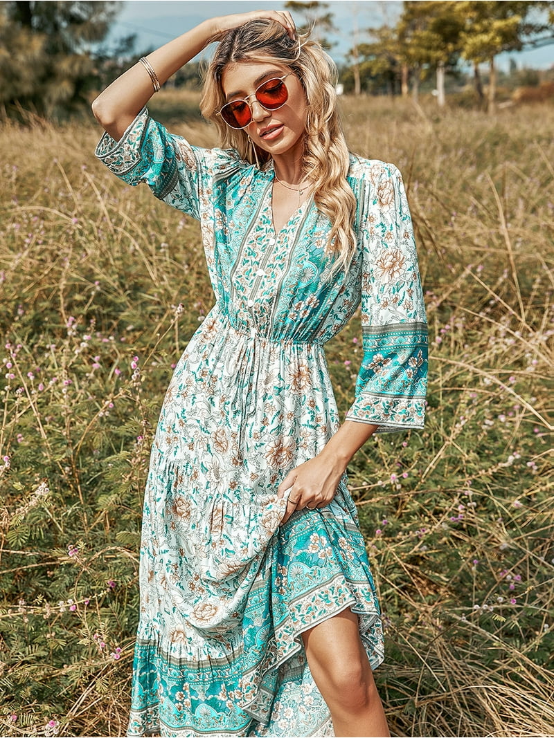 boho button dress V Neck Button Detail Multicolor Floral Print Boho Dress for Women