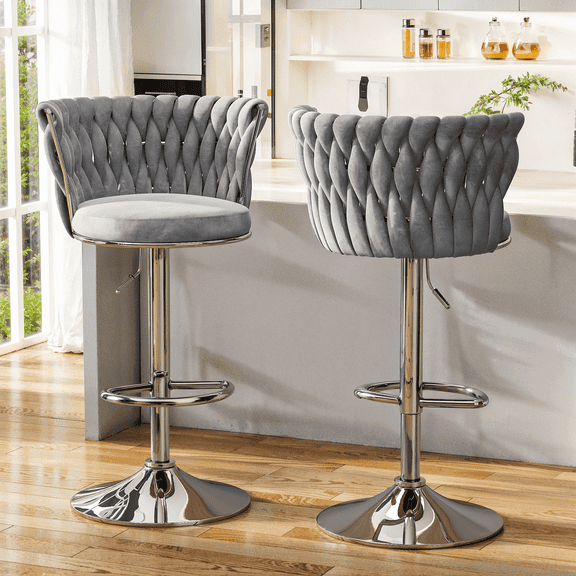 AWQM Velvet Bar Stools Set of 2, Adjustable Counter Height Dining Chairs, Woven Swivel Pub Chairs with Back & Footrest, Counter Stools Bar Chairs for Kitchen Island, Pub, Restaurant, Gray