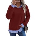 thumbnail image 2 of Dpjklzsn Women's Faux Layered Sweatshirt, Striped Collared Shirt Hem Long Sleeve Crewneck Pullover, Relaxed Casual Top, 2 of 9