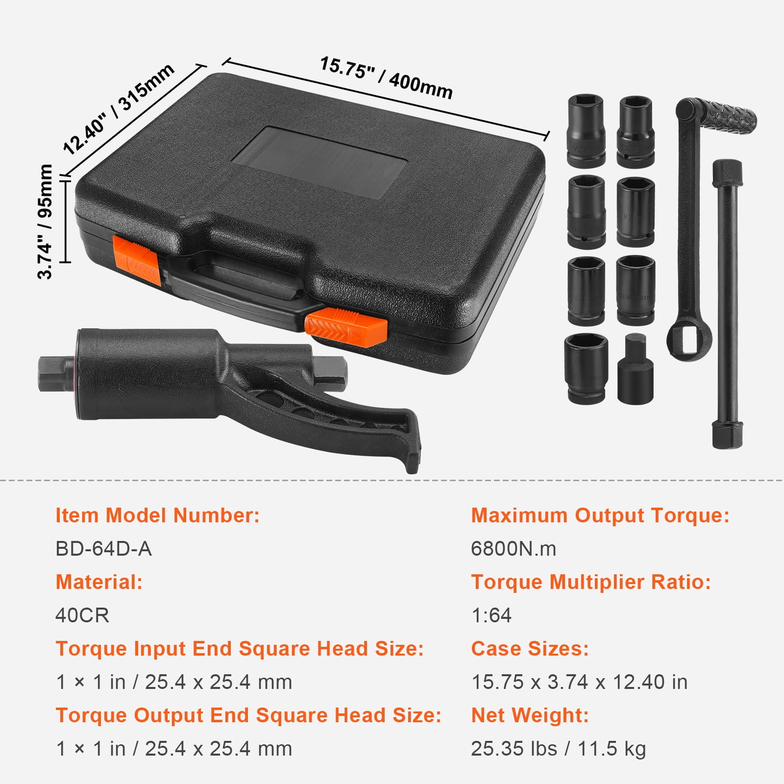 KFFKFF Torque Amplifier, 1 Inch Drive Lug Nut Wrench - Durable Torque Amplifier Set, 1:64 Ratio, 6,800N.m for Lug Nut Removal, Comes with 8 Sockets (24-38mm) & Carrying Case