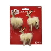 Holiday Time Nature Wood Mini Fur Fabric Deer Hanging Decorative Accents Ornament, 3 Count