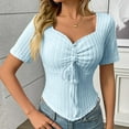 thumbnail image 6 of JGGSPWM Women's Sweetheart Neck Drawstring Ruched Short Sleeve Asymmetrical Hem Knit Tunic Slim Fit Curve Crop Tops Pullover Shirts Light Blue S, 6 of 7