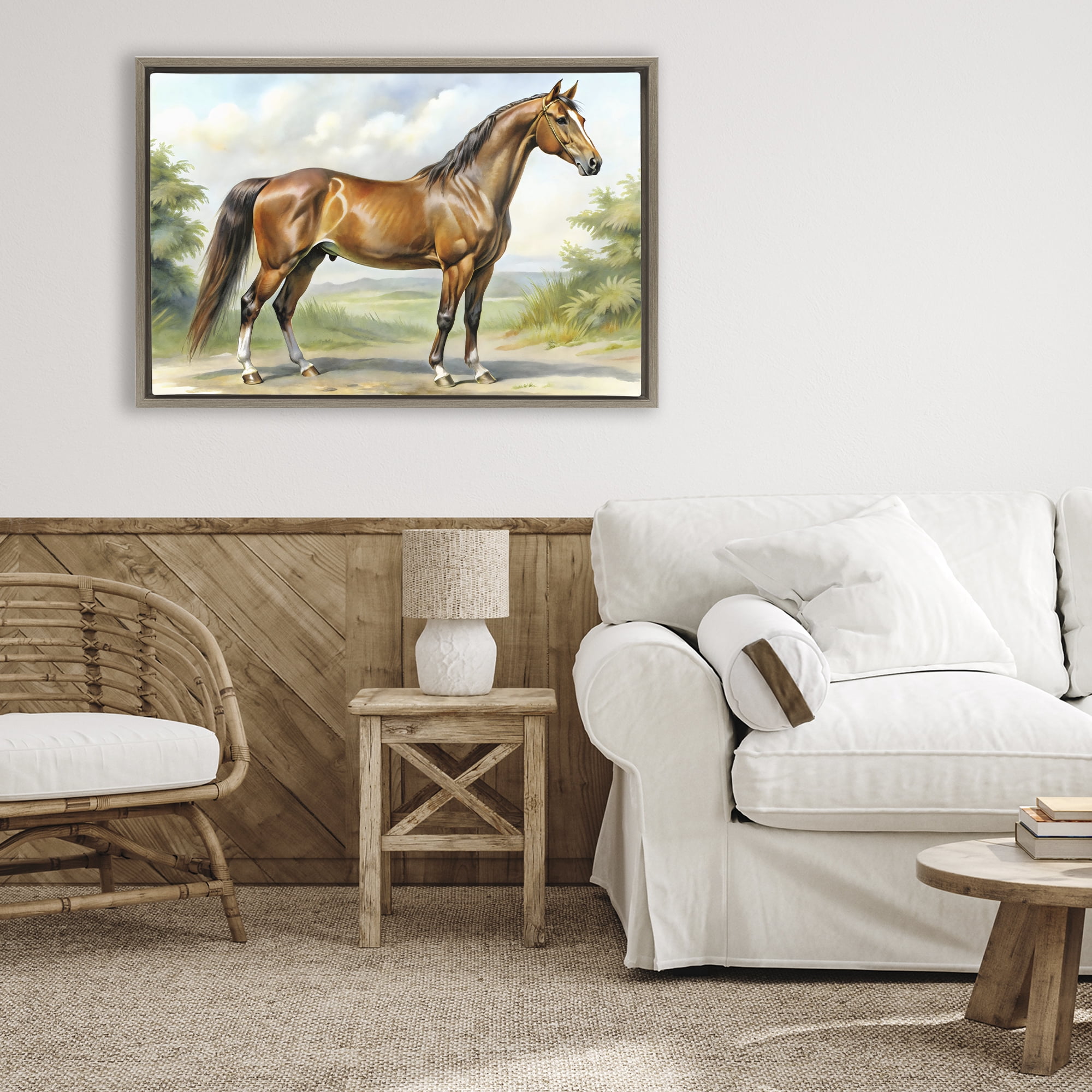 Stupell Industries Majestic Horse in Pastoral Landscape Brown Framed Floater Canvas Wall Art, design by Creative Studio