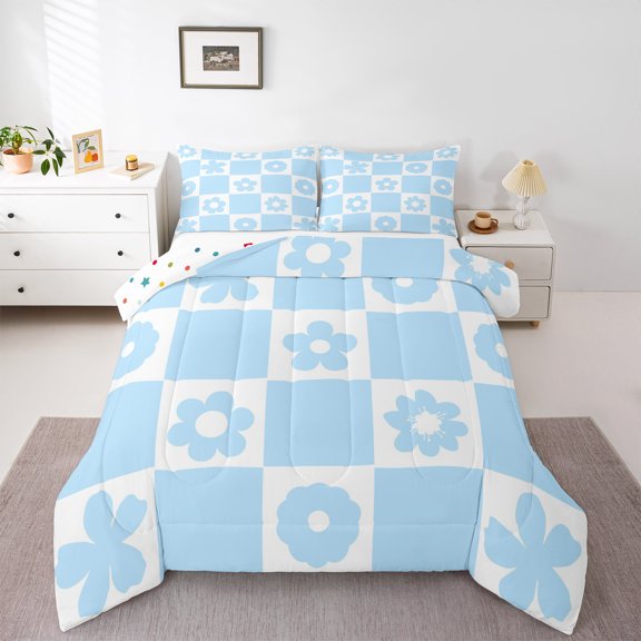 Homewish Vintage Flowers 2pcs Bedding Comforter Set for Teens Boys Girls,Retro Floral Twin Comforter Sets,Geometric Plaid Grid Breathable Bedding Set,Super Cozy Room Decor,Reversible