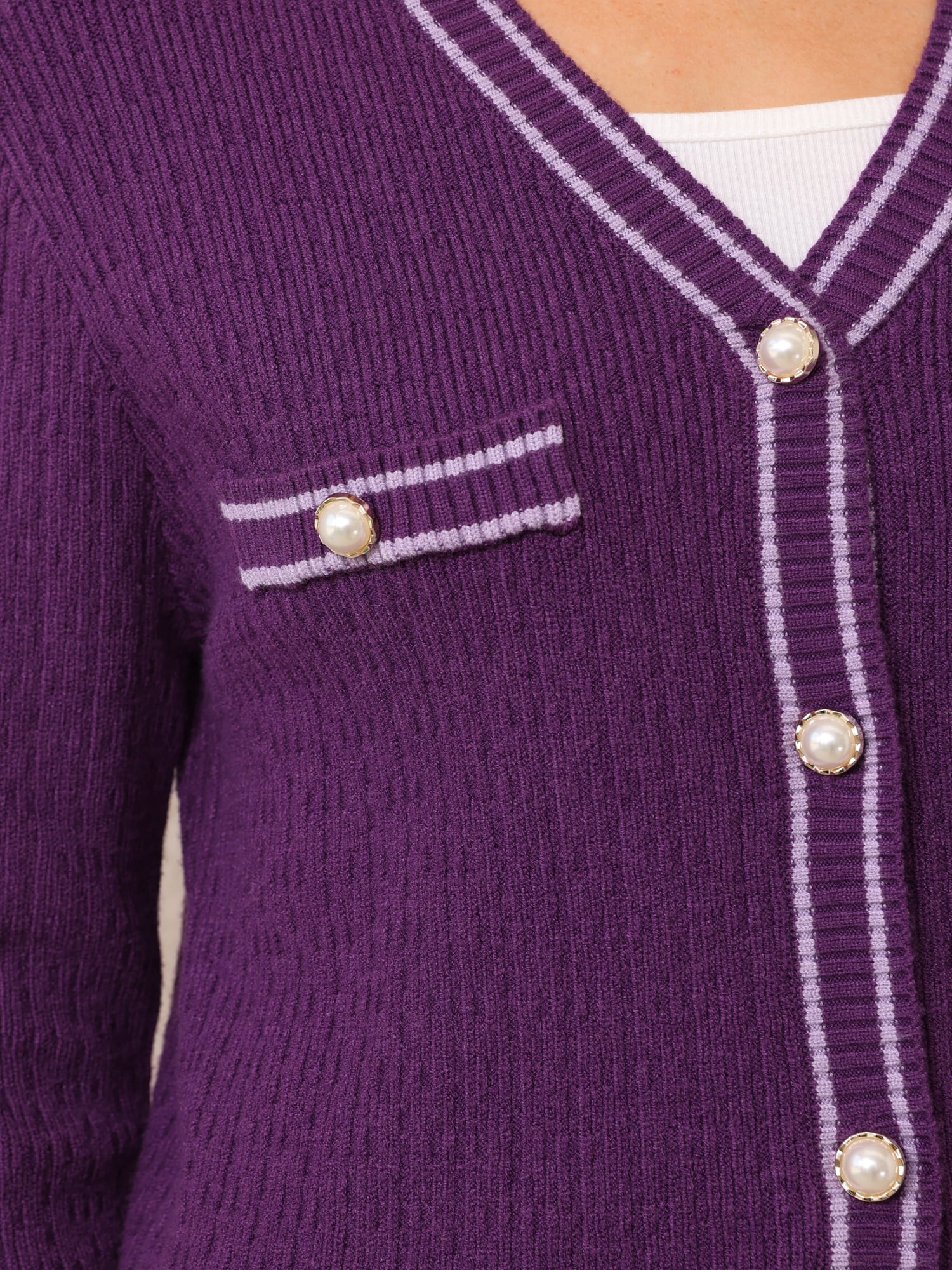 DARING DIVA Women's Contrast Trim Knit Ribbed Cardigan Sweater M Purple