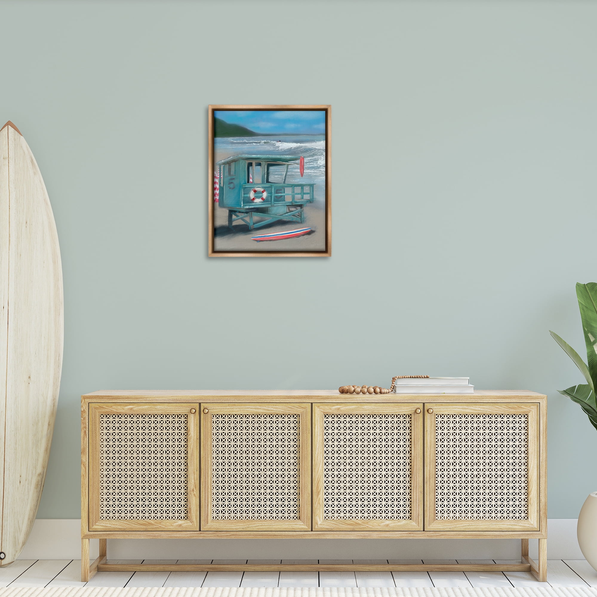 Stupell Industries Lifeguard Stand on Shore Coastal Painting Brown Floater Framed Canvas Art Print Wall Art, 25 x 31