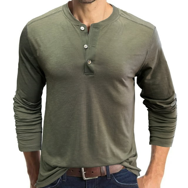 Long Sleeve Shirts For Men Long-Sleeve Tops Beefy Muscle Basic Solid Color Button Blouse Tee Shirt Top