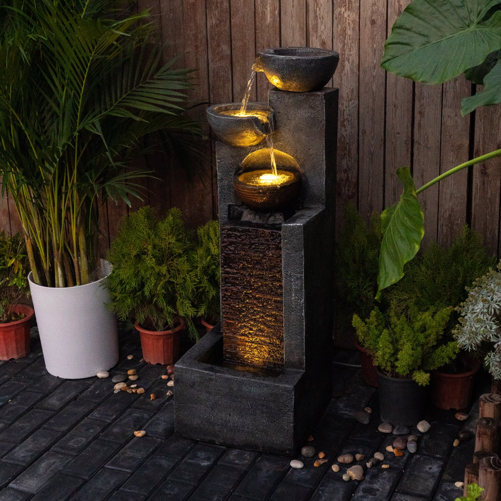 42.91" H Water Fountain Outdoor Garden Waterfall Fountains Indoor Bowl Cascading Water Feature with Led Lights 4-Tier for Home Deck Patio Porch Yard Decor