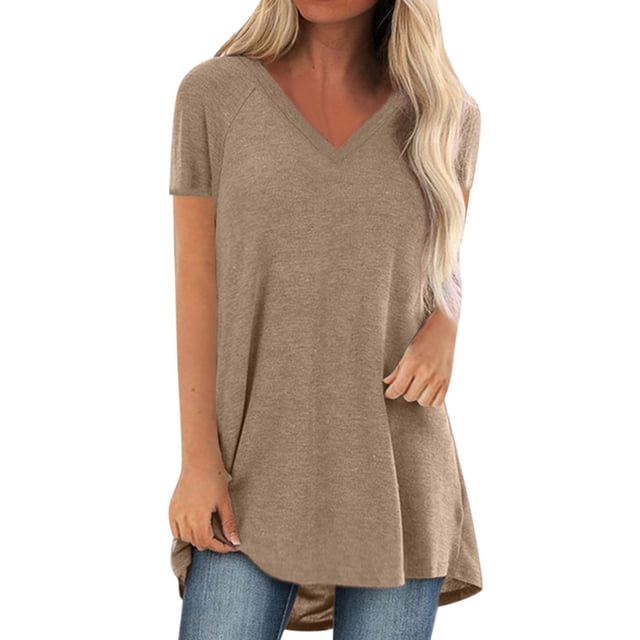 Tralilbee New Solid Color Fashion All-Match Top Loose And Casual Large Size V-Neck Pullover Short-Sleeved T-Shirt