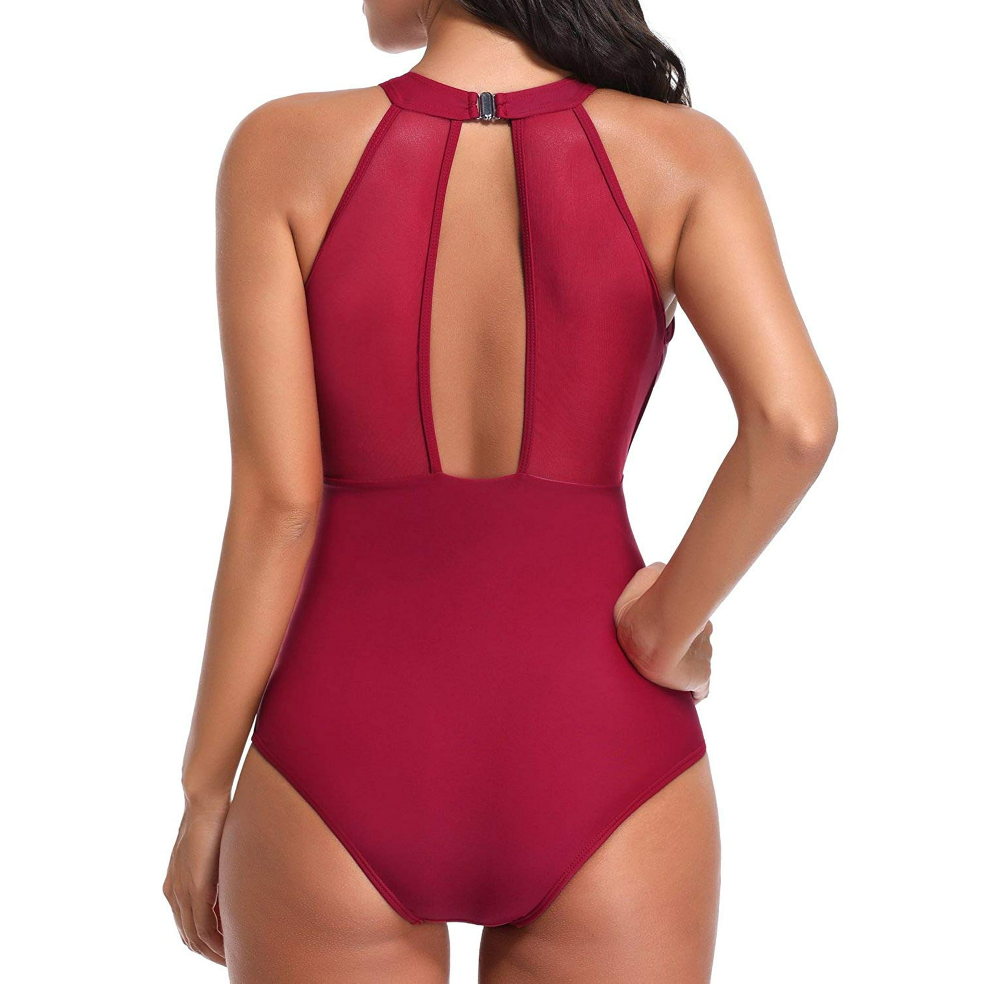 Women One Piece Swimsuit High Neck V-Neckline Mesh Ruched