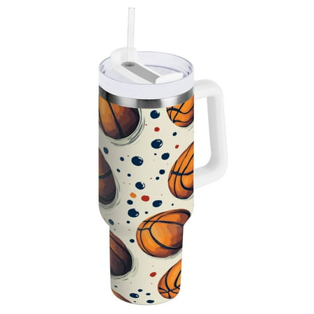 

40oz Travel Mug with Straw Car Bottle Insulated Mug with Handle Reusable Stainless Steel Water Bottle for Car Travel Home Cartoon Basketball Patterns