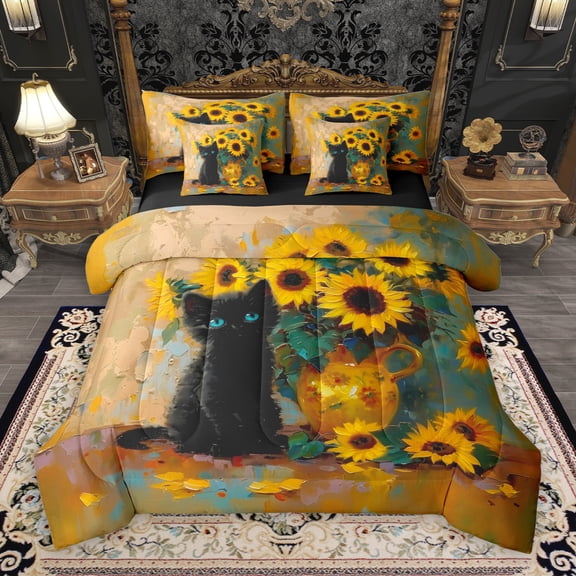 Manfei Kawaii Pet Kitten 7-Piece Twin Bedding Sets,Rustic Flower Sunflower Bedding Comforter Set,Retro Oil Painting Sheet Sets For Girls Teens,Luxury Bedroom Decor Reversible