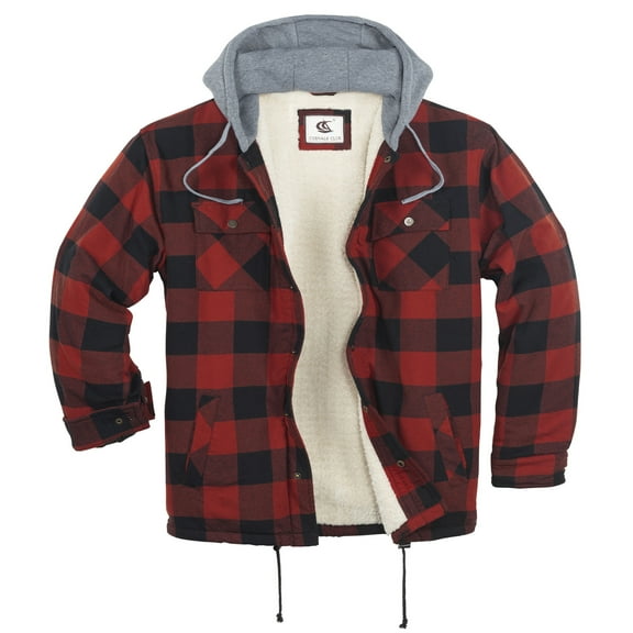 COEVALS CLUB Men's Flannel Hooded Jacket Shacket Sherpa Quilted Lined Casual Button up Snap Premium Jacket Shirts 01 Red Black Medium