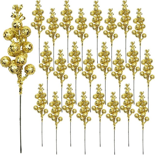 Tallos de bayas moradas artificiales, tallos de bayas con purpurina de Navidad, bayas artificiales, rama de flores de acebo, selecciones de invierno(Dorado)()
