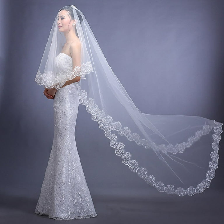 Lace Edge Bridal Wedding Veils Women's Long Cathedral Veil Lace Edge Decor  