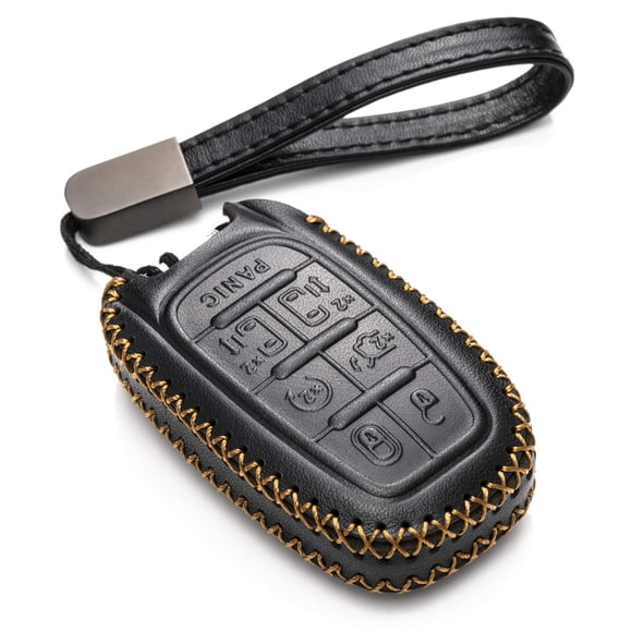 Vitodeco Genuine Leather Smart Key Fob Case Cover Protector with Leather Key Clap Compatible for Chrysler Pacifica 2017 - 2025 (7-Button, Black)