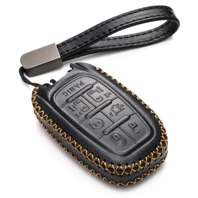 Vitodeco Genuine Leather Smart Key Fob Case Cover Protector with Leather Key Clap Compatible for Chrysler Pacifica 2017 - 2025 (7-Button, Black)