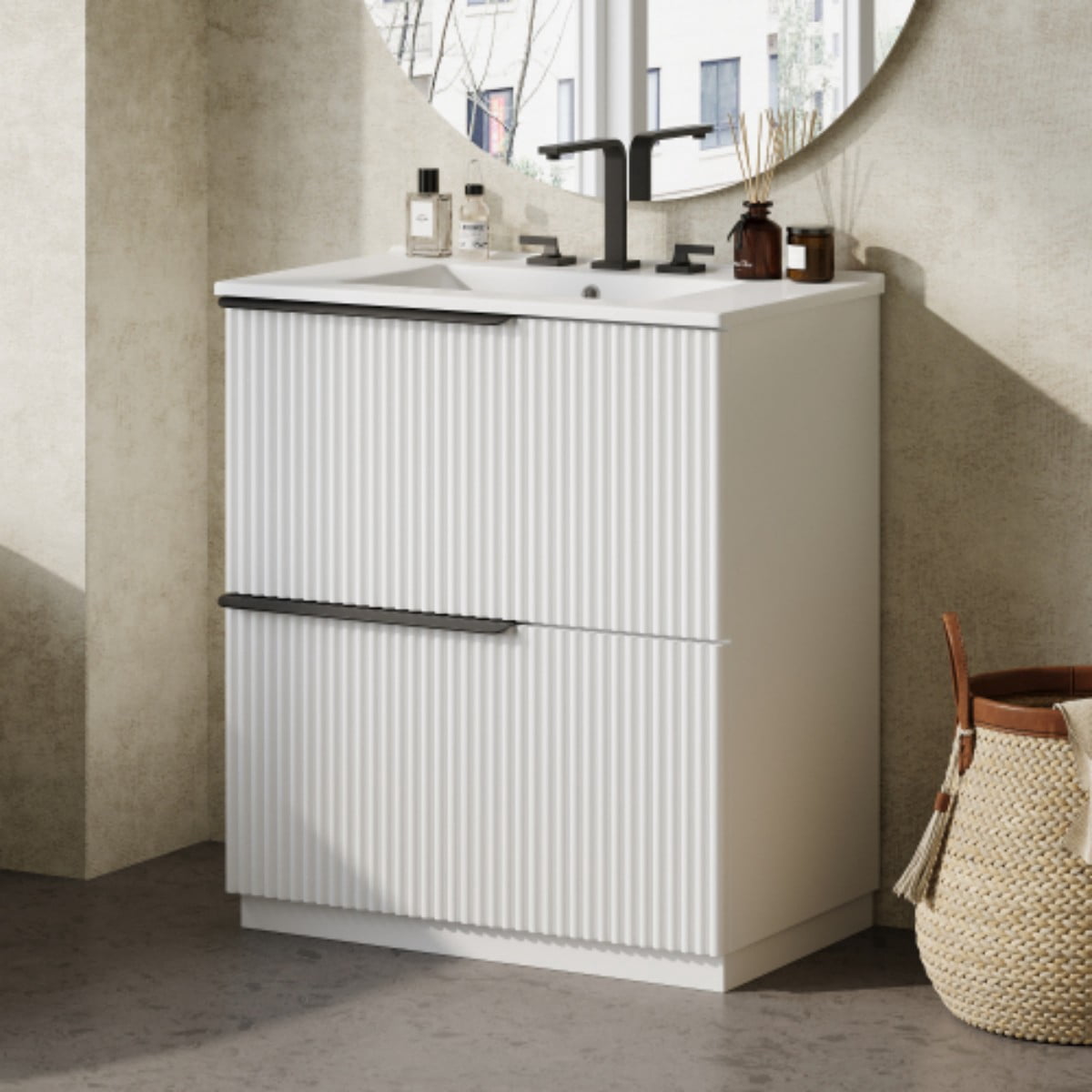 30" Bathroom Vanity with Ceramic Sink, Freestanding Bathroom Cabinet with Full Extension Drawers, Soft Close Slides, Fluted Design, White
