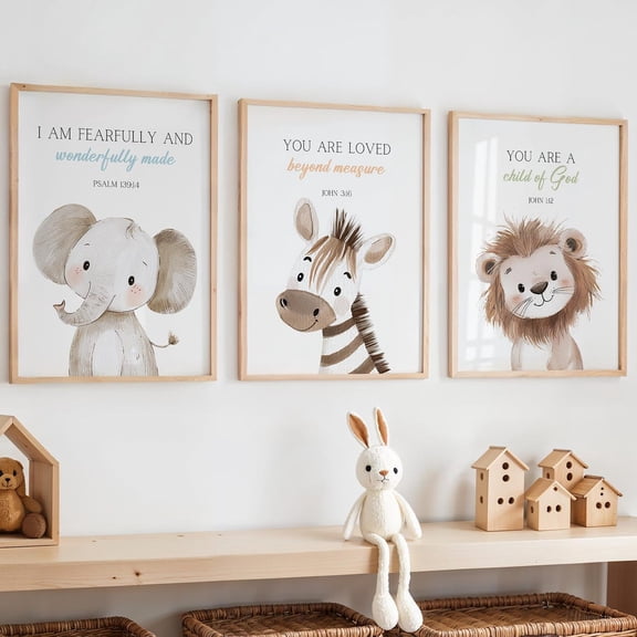 Bible Verse Nursery Christian Nursery Decor Nursery Scripture Art Neutral Nursery Safari Animal Set 3 Unframed Paper Print 8x12