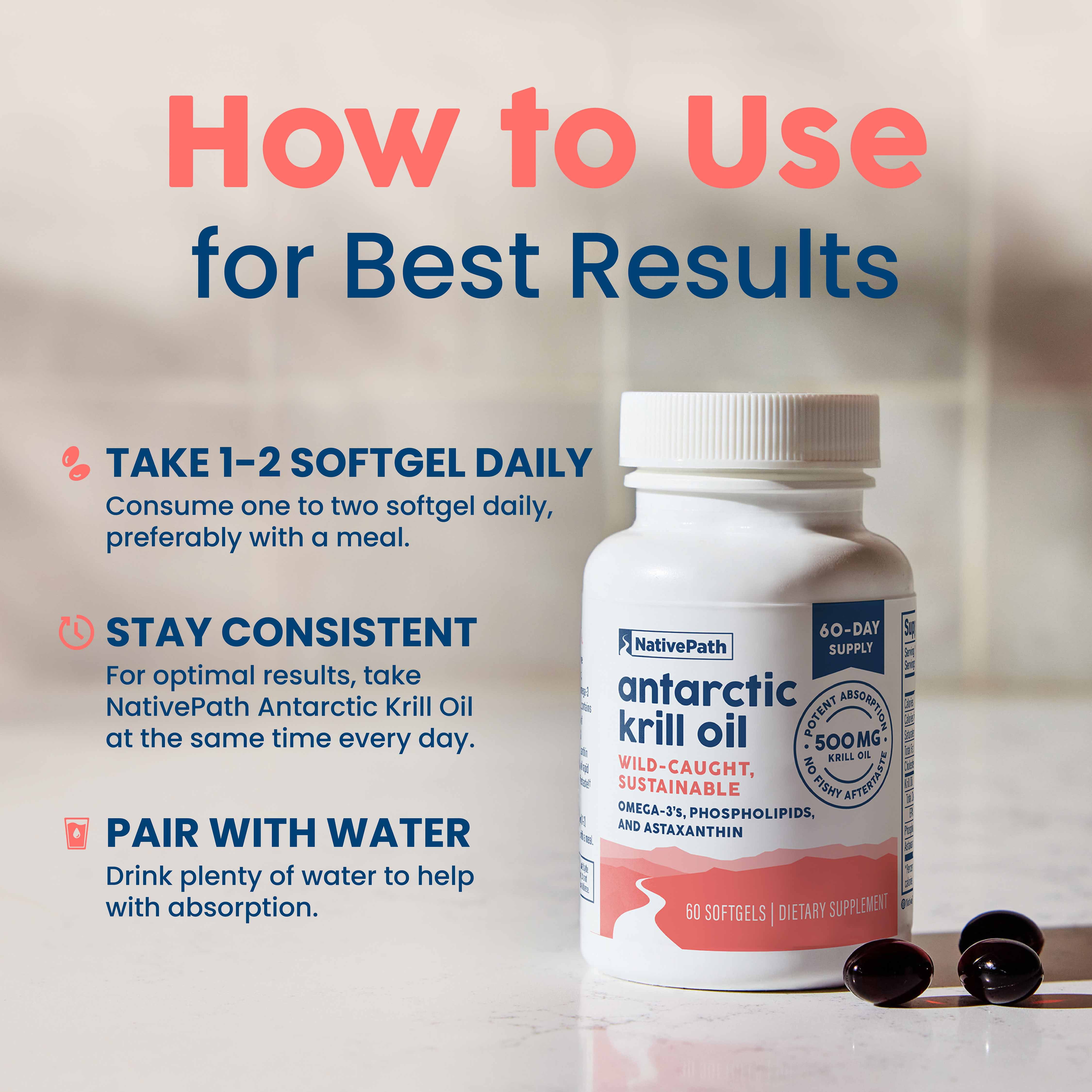 NativePath Antarctic Krill Oil 500mg, Omega-3 EPA and DHA with Astaxanthin, 60 Softgels