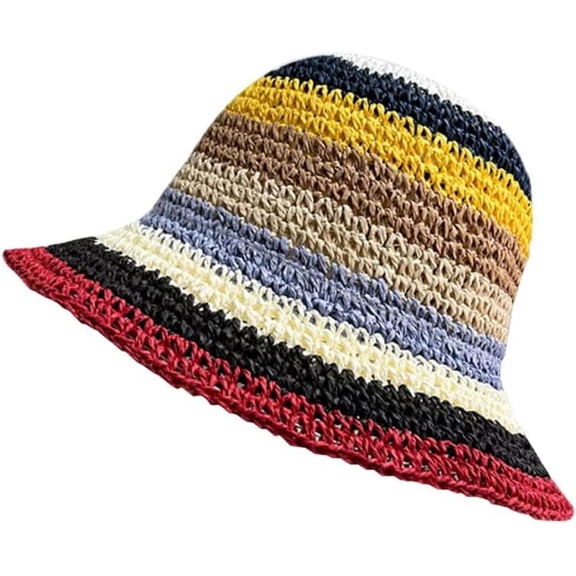 LinYooLi Women Foldable Wide Brim Colorful Crochet Straw Sun Hat Summer Beach Travel Packable UPF Bucket Hat