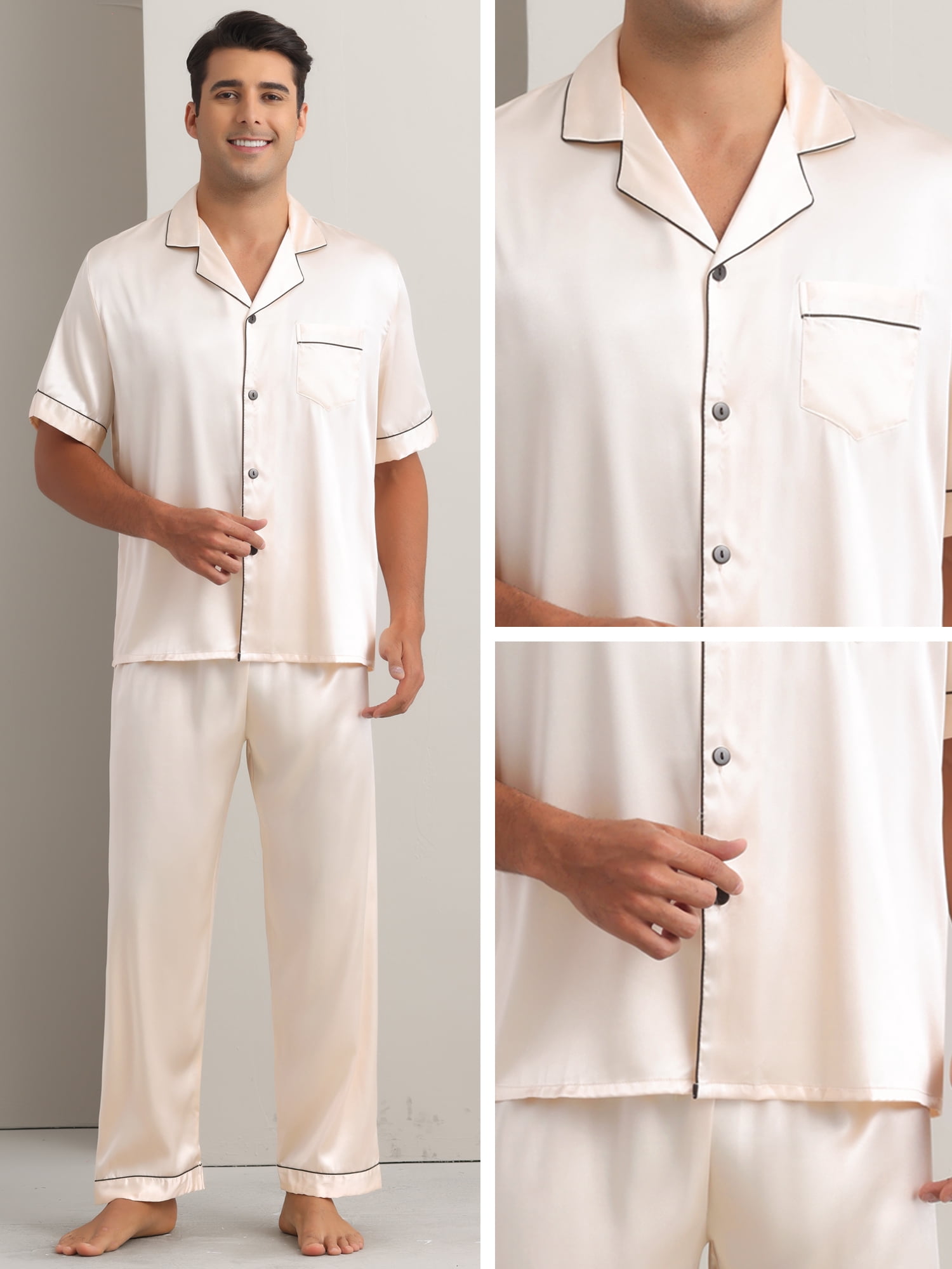 DARING DIVA Men's 2-Piece Pajama Set Button Down Short Sleeve Shirt Pants S Champagne
