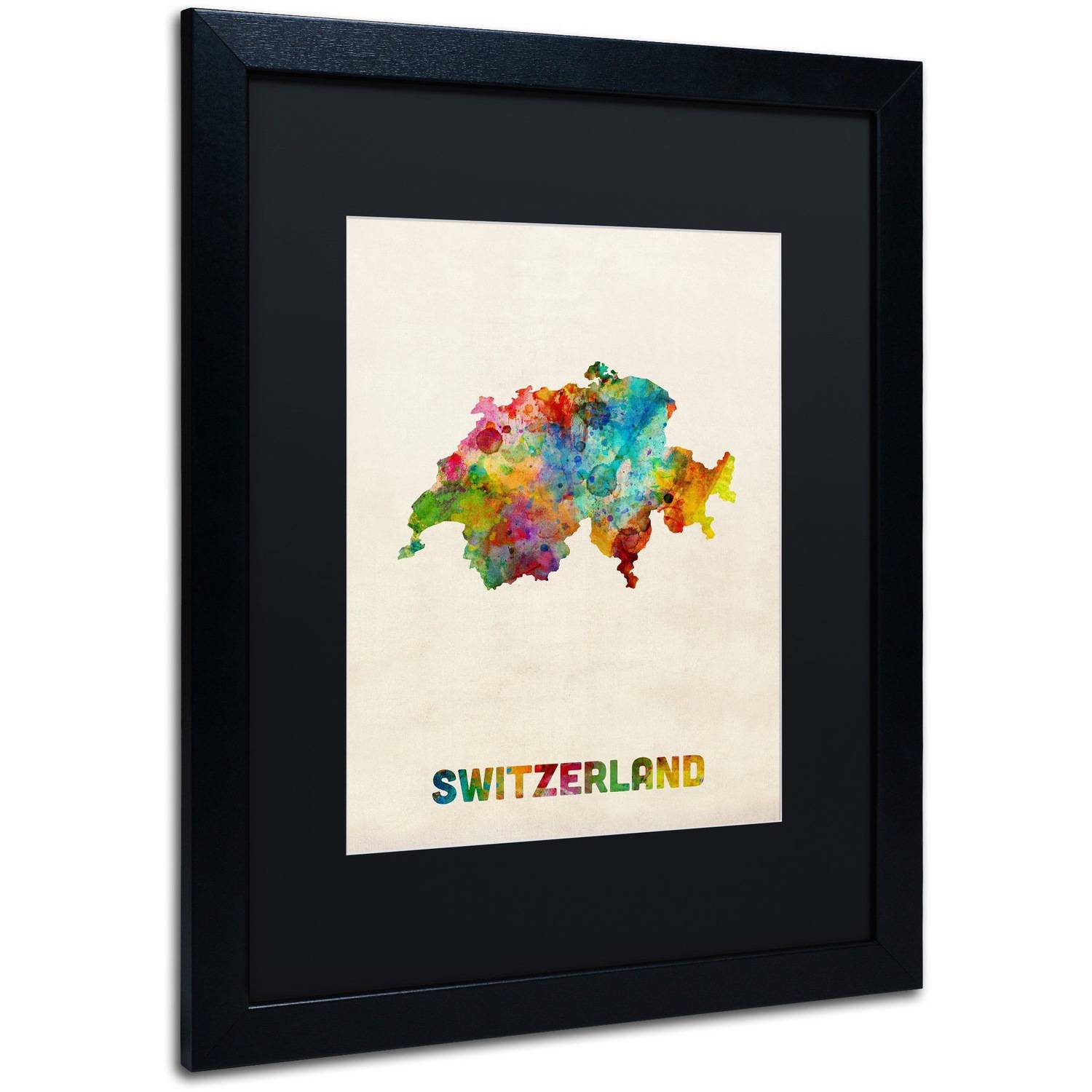 Trademark Fine Art 'Switzerland Watercolor Map' Canvas Art by Michael Tompsett, Black Matte, Black Frame