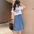 thumbnail image 5 of LYMAYTER Teens Girls Casual Denim Skirt Midi A Line Knee Length Jean Skirt with Pockets Elastic Waist, 5 of 8