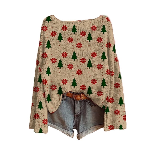 Fiaer Chandail de Noël pour Femme à Col Rond, Grande Taille, Manches Longues, Coupe Ample, Léger, Graphique Amusant, Tricot de Noël, Rouge, TTG