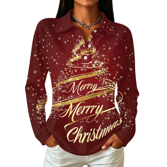 Trgacdwlo Christmas Womens Polo Shirt Christmas Tree Print Womens Golf Polo Shirts Collared Button Down Xmas Long Sleeve Womens Blouses