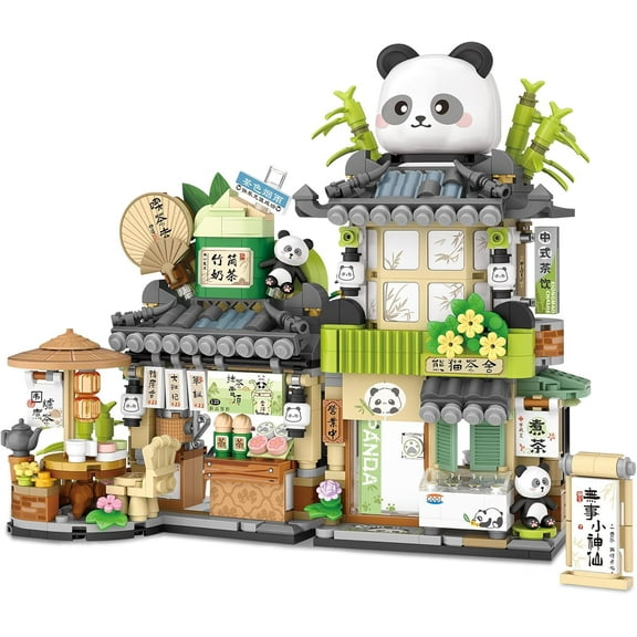 City Street View Panda Tea Shop Mini Building Blocks Set 860 pcs, MOC Creative Panda Animal Theme House, Simulation Architecture Toy
