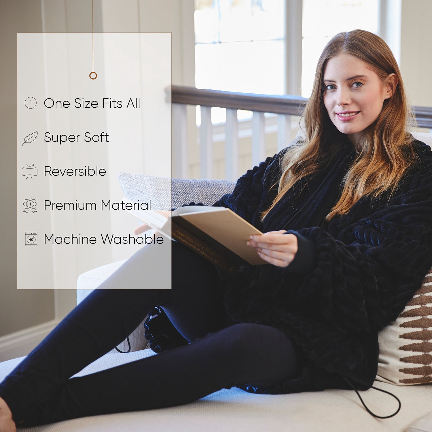 Nestl Wearable Blanket Hoodie, Oversized Hooded Blanket One Size Fits All, Reversible Plush Microfiber, Black/Ivory