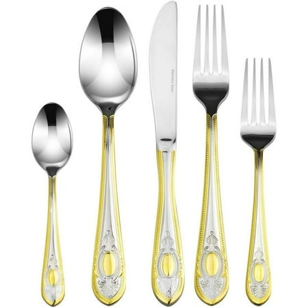 

QHinTIME Medallion 20-Pcs. Fine Flatware Set Silverware Cutlery Dining Service for 4 Premium 18/10 Surgical Stainless Steel 24K Gold-Plated Trim