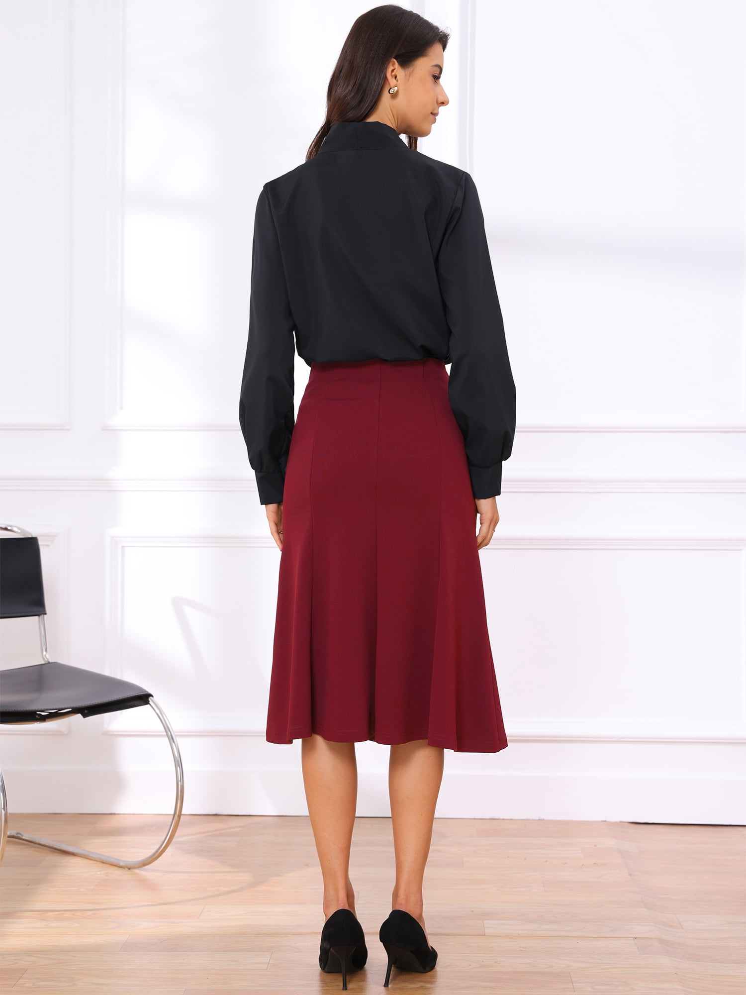 DARING DIVA Women's High Waisted Business Fishtail Midi Skirt Small Red