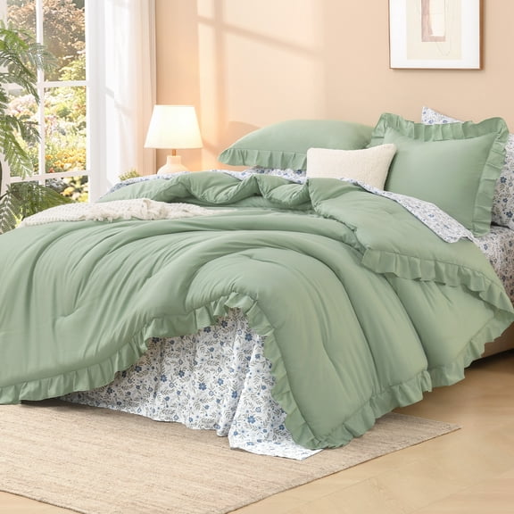 ANGENIA 7 Pieces Queen Comforter Sets - Sage Green Ruffle Comforter Set with Floral Sheets, Bed in a Bag Queen, Soft Cozy Farmhouse Bed Sets with Floral Sheets, Pillowcases & Shams