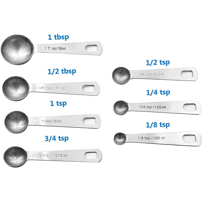 Stainless Steel Measuring Spoons Set, Small Measuring Spoon 1/8 tsp, 1/4  tsp, 3/4tsp, 1/2 tsp, 1 tsp, 1/2 tbsp & 1 tbsp Metal Teaspoon Measure Spoon  for Dry or Liquid Ingredients (7 Pcs) 