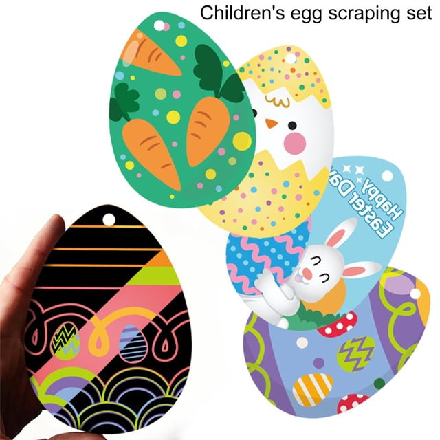 1 Set Easter Scratch Egg Smooth Edge Exquisite Pattern No Paint Require Hanging Hole Design DIY Scratch Egg Craft with Wooden Sticks Ribbons Kit Party Supplies
