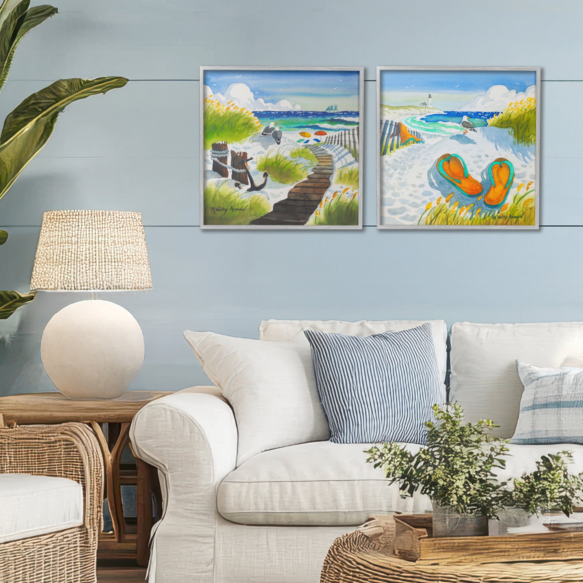 Stupell Industries Boardwalk Through Beach Scenery 2 Piece Gray Framed Giclee Art Set, design by Robin Altman