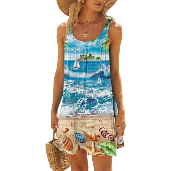 Aimik Women's Scoop Neck Beach Spaghetti Strap Dress Summer Bohemian Style Loose Mini Dress Lightweight Soft Slip Dress